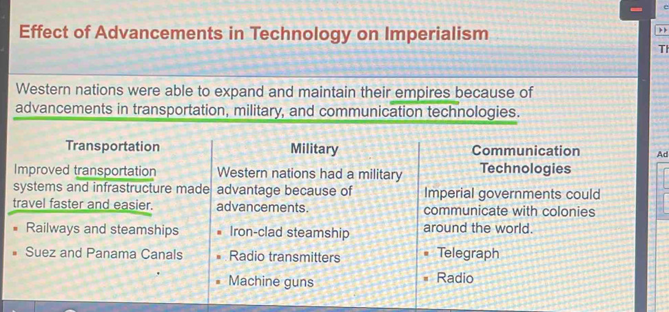 Effect of Advancements in Technology on Imperialism
TI
Western nations were able to expand and maintain their empires because of
advancements in transportation, military, and communication technologies.
Transportation Military Communication
Ad
Improved transportation Western nations had a military Technologies
systems and infrastructure made advantage because of Imperial governments could
travel faster and easier. advancements. communicate with colonies
Railways and steamships Iron-clad steamship
around the world.
Suez and Panama Canals Radio transmitters Telegraph
Machine guns Radio