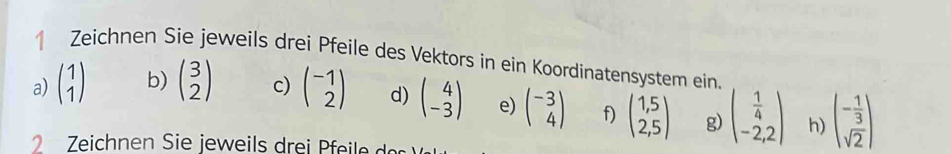 Zeichnen Sie jeweils drei Pfeile des Vektors in ein Koordinatensystem ein 
a) beginpmatrix 1 1endpmatrix b) beginpmatrix 3 2endpmatrix c) beginpmatrix -1 2endpmatrix d) beginpmatrix 4 -3endpmatrix e) beginpmatrix -3 4endpmatrix f) beginpmatrix 1,5 2,5endpmatrix g) beginpmatrix  1/4  -2,2endpmatrix h) beginpmatrix - 1/3  sqrt(2)endpmatrix
Z eichnen Sie jeweils drei Pf il d