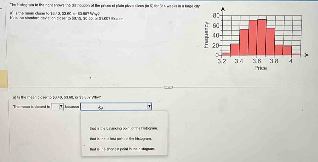 The histogram to the right shows the distribution of the prices of plain pizza slices (in $) for 314 weeks in a large city.
a) Is the mean closer to $3.40, $3.60, or $3.80? Why? 
b) Is the standard deviation closer to $0.15, $0.50, or $1.00? Explain.
a) Is the mean closer to $3.40, $3.60, or $3.80? Why?
The mean is closest to □ because
that is the balancing point of the histogram.
that is the tallest point in the histogram.
that is the shortest point in the histogram.