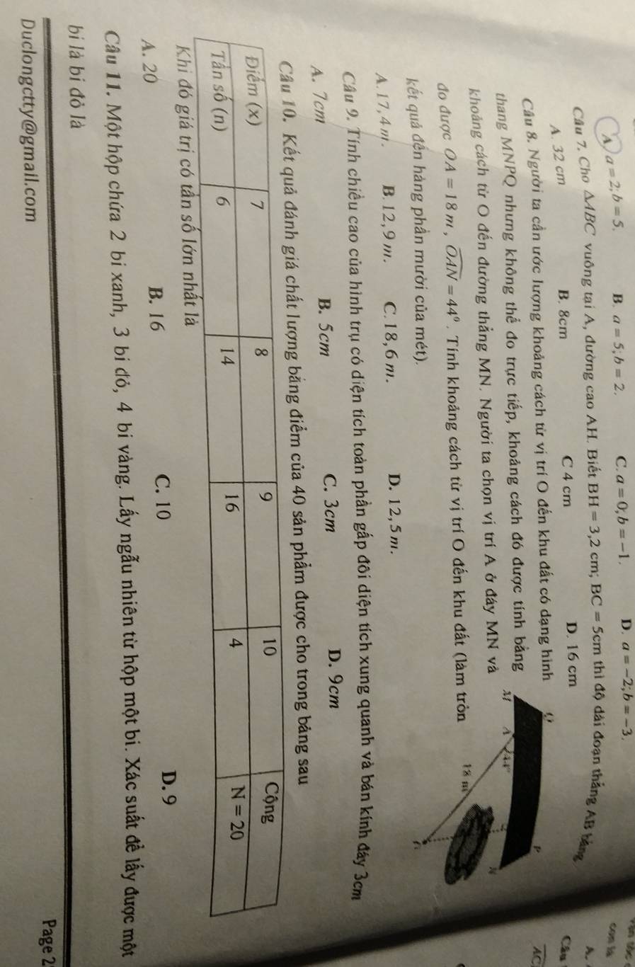 A a=2;b=5, B. a=5;b=2, C. a=0,b=-1. D. a=-2;b=-3.
con là
Câu 7. Cho △ ABC vuông tại A, đường cao AH. Biết BH=3,2cm;BC=5cm thì độ dài đoạn thắng AB bảng
A.
A. 32 cm
B. 8cm C 4 cm D. 16 cm Câu
Cầu 8. Người ta cần ước lượng khoảng cách từ vị trí O đến khu đất có dạng hình
overline AC
thang MNPQ nhưng không thể đo trực tiếp, khoảng cách đó được tính bằng
khoảng cách từ O đến đường thẳng MN, Người ta chọn vị trí A ở đáy MN và
đo được OA=18m,widehat OAN=44°. Tính khoảng cách từ vị trí O đến khu đất (làm tròn
kết quả đến hàng phần mười của mét).
A. 17,4m. B. 12,9 m. C. 18,6m. D. 12,5 m.
Câu 9. Tính chiều cao của hình trụ có diện tích toàn phần gấp đôi diện tích xung quanh và bán kính đây 3cm
A. 7cm B. 5cm C. 3cm
D. 9cm
iá chất lượng bằng điểm của 40 sản phẩm được cho trong bảng sau
Khi đó giá trị có tần số lớn nh
A. 20 B. 16 C. 10
D. 9
Câu 11. Một hộp chứa 2 bi xanh, 3 bi đỏ, 4 bi vàng. Lấy ngẫu nhiên từ hộp một bi. Xác suất đề lấy được một
bị là bí đò là
Page 2
Duclongctty@gmail.com