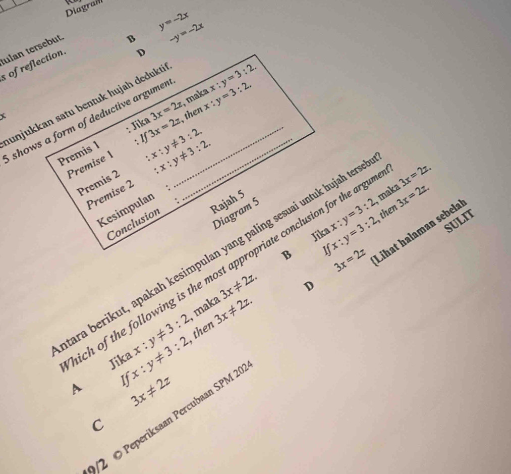 Diagram
y=-2x
ulan tersebut.
B -y=-2x
s of reflection
D
, maka x:y=3:2. 
hunjukkan satu bentuk hujah deduktí
shows a form of deductive argumen_
Premis 1 : Jika 3x=2z 3x=2z , then x:y=3:2. 
Premise 1 : If_
x:y!= 3:2. 
: :x:y!= 3:2. 
Premis 2
3x=2z. 
Premise 2
Rajah 5
, then 3x=2z. 
Kesimpulan :
Jika x:y=3:2 , maka
Diagram 5
Conclusion ∴
SULIT
Liħat halaman sebela
B If x:y=3:2
ara berikut, apakah kesimpulan yang paling sesuai untuk hujah ters
3x=2z
ch of the following is the most appropriate conclusion for the argu
maka 3x!= 2z.
D
x:y!= 3:2 then 3x!= 2z. 
Jika x:y!= 3:2
If
A 3x!= 2z
/2 © Peperiksaan Percubaan SPM 2
C