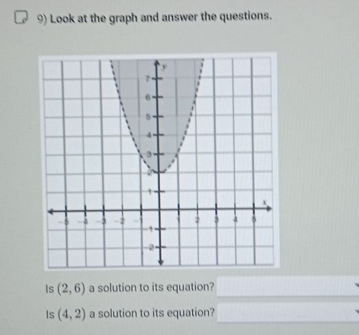 Look at the graph and answer the questions. 
Is (2,6) a solution to its equation? 
Is (4,2) a solution to its equation?