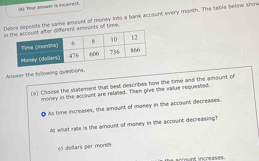 Your answer is incorrect.
Debra deposits the same amount of money into a bank account every month. The table below show
i amounts of time.
Answer the following questions.
(a) Choose the statement that best describes how the time and the amount of
money in the account are related. Then give the value requested.
As time increases, the amount of money in the account decreases.
At what rate is the amount of money in the account decreasing?
65 dollars per month
the account increases.