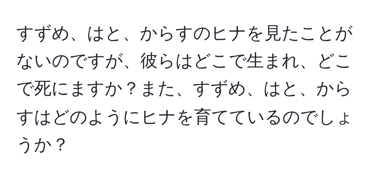 すずめ、はと、からすのヒナを見たことがないのですが、彼らはどこで生まれ、どこで死にますか？また、すずめ、はと、からすはどのようにヒナを育てているのでしょうか？