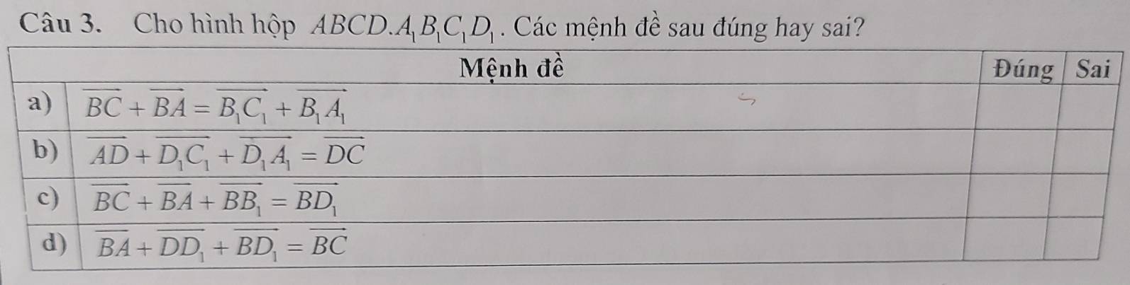 Cho hình hộp ABCD.A_1B_1C_1D_1. Các mệnh đề sau đúng hay sai?