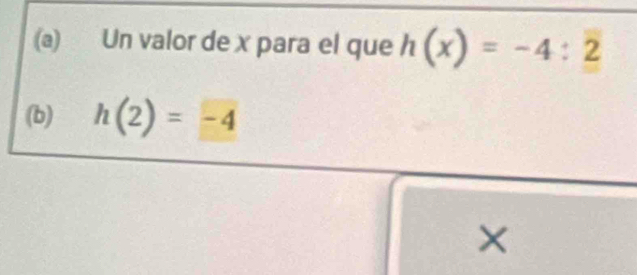 Un valor de x para el que h(x)=-4:2
(b) h(2)=-4
×