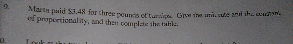 Marta paid $3.48 for three pounds of turnips. Give the unit rate and the constant 
of proportionality, and then complete the table. 
0.