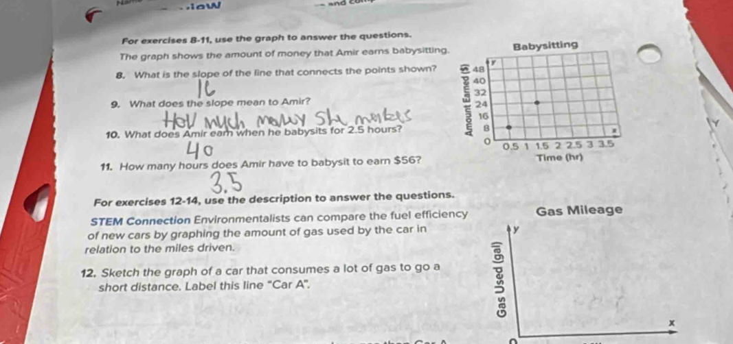 .1ow and 
For exercises 8-11, use the graph to answer the questions. 
The graph shows the amount of money that Amir earns babysitting 
8. What is the slope of the line that connects the points shown? 
9. What does the slope mean to Amir? 
10. What does Amir eam when he babysits for 2.5 hours? 
11. How many hours does Amir have to babysit to earn $56? 
For exercises 12-14, use the description to answer the questions. 
STEM Connection Environmentalists can compare the fuel efficiency 
of new cars by graphing the amount of gas used by the car in 
relation to the miles driven. 
12. Sketch the graph of a car that consumes a lot of gas to go a 
short distance. Label this line “Car A”.