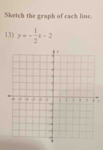 Sketch the graph of each line. 
13) y=- 1/2 x-2
x