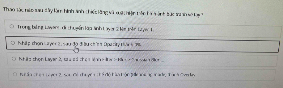 Thao tác nào sau đây làm hình ảnh chiếc lông vũ xuất hiện trên hình ảnh bức tranh vẽ tay ?
Trong bảng Layers, di chuyển lớp ảnh Layer 2 lên trên Layer 1.
Nhấp chọn Layer 2, sau đó điều chỉnh Opacity thành 0%.
Nhấp chọn Layer 2, sau đó chọn lệnh Filter > Blur > Gaussian Blur ...
Nhấp chọn Layer 2, sau đó chuyển chế độ hòa trộn (Blennding mode) thành Overlay.