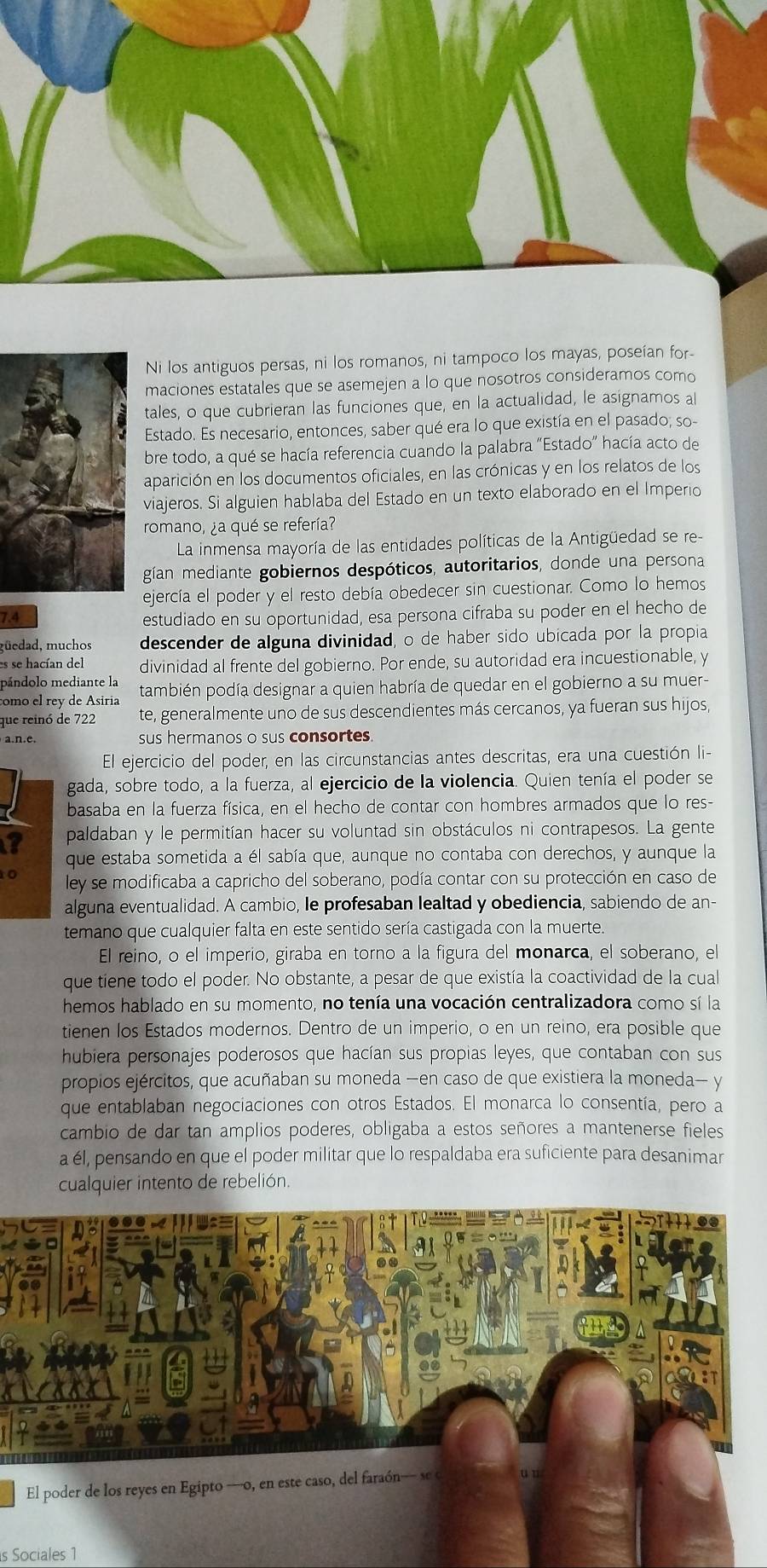 Ni los antiguos persas, ni los romanos, ni tampoco los mayas, poseían for-
maciones estatales que se asemejen a lo que nosotros consideramos como
tales, o que cubrieran las funciones que, en la actualidad, le asignamos al
Estado. Es necesario, entonces, saber qué era lo que existía en el pasado; so-
bre todo, a qué se hacía referencia cuando la palabra “Estado” hacía acto de
aparición en los documentos oficiales, en las crónicas y en los relatos de los
viajeros. Si alguien hablaba del Estado en un texto elaborado en el Imperio
romano, ¿a qué se refería?
La inmensa mayoría de las entidades políticas de la Antigüedad se re-
gían mediante gobiernos despóticos, autoritarios, donde una persona
ejercía el poder y el resto debía obedecer sin cuestionar. Como lo hemos
7.4 estudiado en su oportunidad, esa persona cifraba su poder en el hecho de
güedad, muchos descender de alguna divinidad, o de haber sido ubicada por la propia
es se hacían del divinidad al frente del gobierno. Por ende, su autoridad era incuestionable, y
pándolo mediante la
como el reó de Asiria también podía designar a quien habría de quedar en el gobierno a su muer-
que reinó de 722 te, generalmente uno de sus descendientes más cercanos, ya fueran sus hijos,
a.n.e. sus hermanos o sus consortes
El ejercicio del poder, en las circunstancias antes descritas, era una cuestión li-
gada, sobre todo, a la fuerza, al ejercicio de la violencia. Quien tenía el poder se
basaba en la fuerza física, en el hecho de contar con hombres armados que lo res-
7 paldaban y le permitían hacer su voluntad sin obstáculos ni contrapesos. La gente
que estaba sometida a él sabía que, aunque no contaba con derechos, y aunque la
ley se modificaba a capricho del soberano, podía contar con su protección en caso de
alguna eventualidad. A cambio, le profesaban lealtad y obediencia, sabiendo de an-
temano que cualquier falta en este sentido sería castigada con la muerte.
El reino, o el imperio, giraba en torno a la figura del monarca, el soberano, el
que tiene todo el poder. No obstante, a pesar de que existía la coactividad de la cual
hemos hablado en su momento, no tenía una vocación centralizadora como sí la
tienen los Estados modernos. Dentro de un imperio, o en un reino, era posible que
hubiera personajes poderosos que hacían sus propias leyes, que contaban con sus
propios ejércitos, que acuñaban su moneda —en caso de que existiera la moneda— y
que entablaban negociaciones con otros Estados. El monarca lo consentía, pero a
cambio de dar tan amplios poderes, obligaba a estos señores a mantenerse fieles
a él, pensando en que el poder militar que lo respaldaba era suficiente para desanimar
cualquier intento de rebelión
s Sociales 1