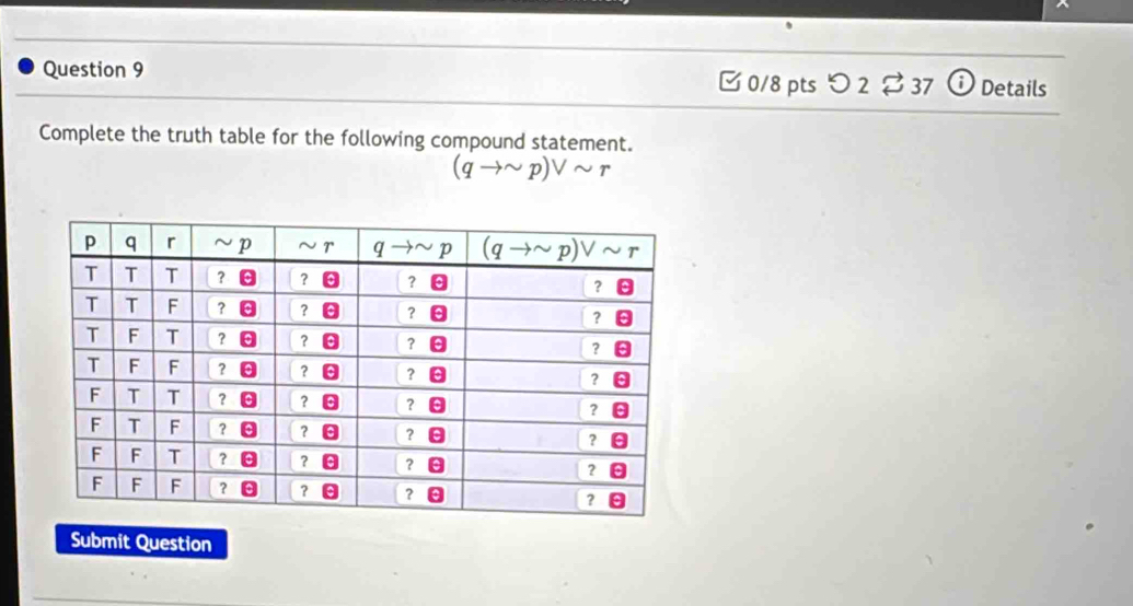 [ 0/8 pts つ 2 % 37 v Details
Complete the truth table for the following compound statement.
(qto sim p)vee sim r
Submit Question