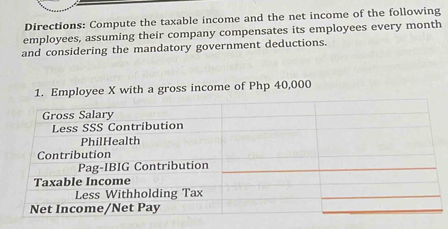 Directions: Compute the taxable income and the net income of the following 
employees, assuming their company compensates its employees every month 
and considering the mandatory government deductions.
X with a gross income of Php 40,000