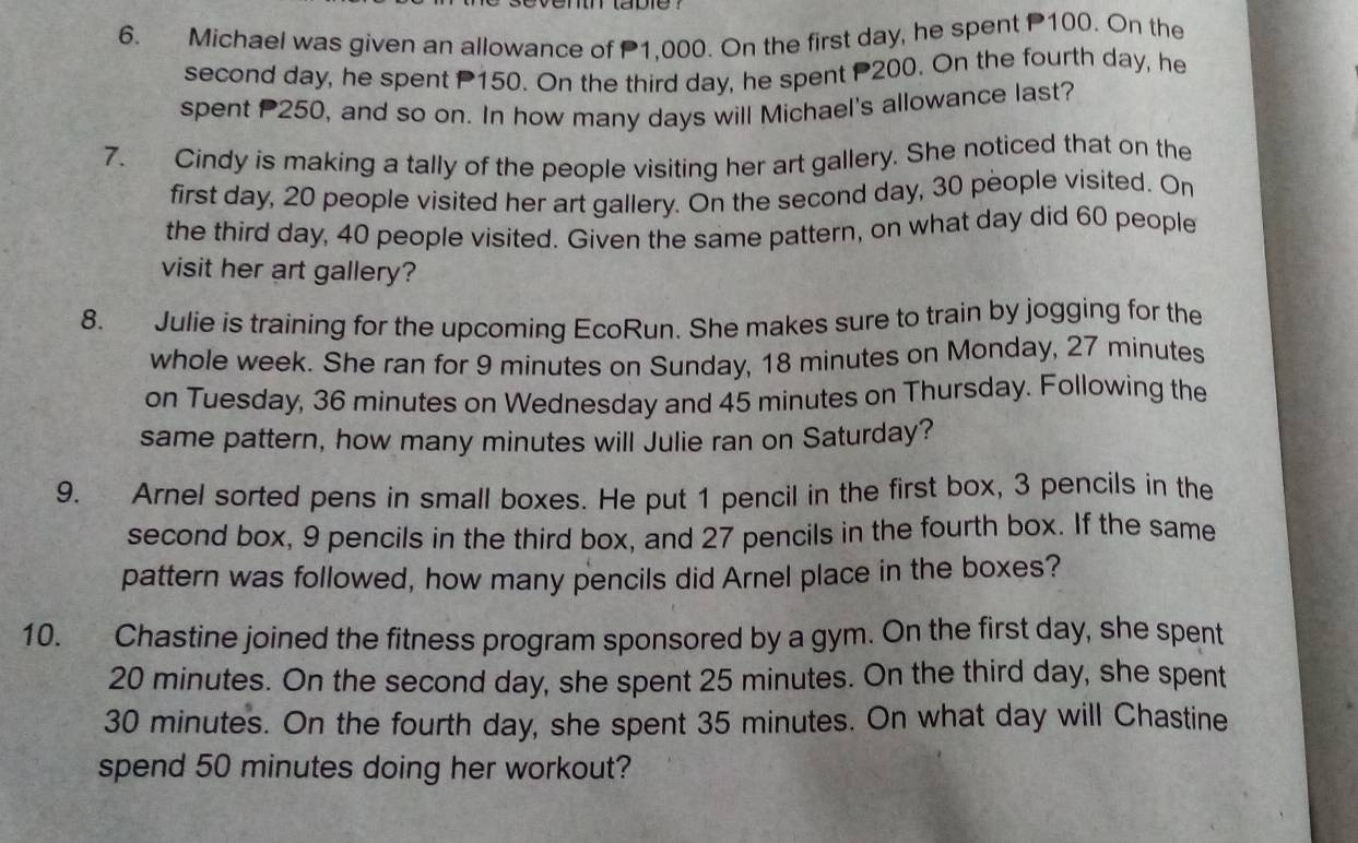 Michael was given an allowance of P1,000. On the first day, he spent P100. On the 
second day, he spent P150. On the third day, he spent P200. On the fourth day, he 
spent 250, and so on. In how many days will Michael's allowance last? 
7. Cindy is making a tally of the people visiting her art gallery. She noticed that on the 
first day, 20 people visited her art gallery. On the second day, 30 people visited. On 
the third day, 40 people visited. Given the same pattern, on what day did 60 people 
visit her art gallery? 
8. Julie is training for the upcoming EcoRun. She makes sure to train by jogging for the 
whole week. She ran for 9 minutes on Sunday, 18 minutes on Monday, 27 minutes
on Tuesday, 36 minutes on Wednesday and 45 minutes on Thursday. Following the 
same pattern, how many minutes will Julie ran on Saturday? 
9. Arnel sorted pens in small boxes. He put 1 pencil in the first box, 3 pencils in the 
second box, 9 pencils in the third box, and 27 pencils in the fourth box. If the same 
pattern was followed, how many pencils did Arnel place in the boxes? 
10. Chastine joined the fitness program sponsored by a gym. On the first day, she spent
20 minutes. On the second day, she spent 25 minutes. On the third day, she spent
30 minutes. On the fourth day, she spent 35 minutes. On what day will Chastine 
spend 50 minutes doing her workout?