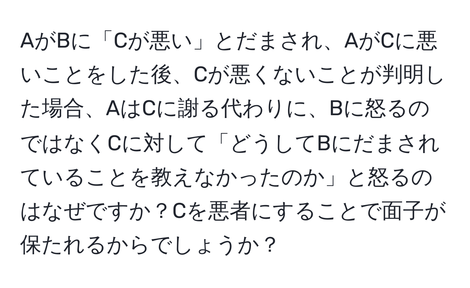 AがBに「Cが悪い」とだまされ、AがCに悪いことをした後、Cが悪くないことが判明した場合、AはCに謝る代わりに、Bに怒るのではなくCに対して「どうしてBにだまされていることを教えなかったのか」と怒るのはなぜですか？Cを悪者にすることで面子が保たれるからでしょうか？