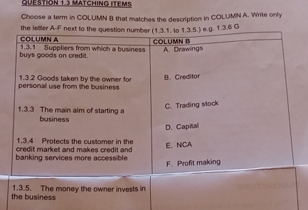 MATCHING ITEMS 
Choose a term in COLUMN B that matches the description in COLUMN A. Write only 
the letter 1.3.6 G 
1.3.5. The money the owner invests in 
the business