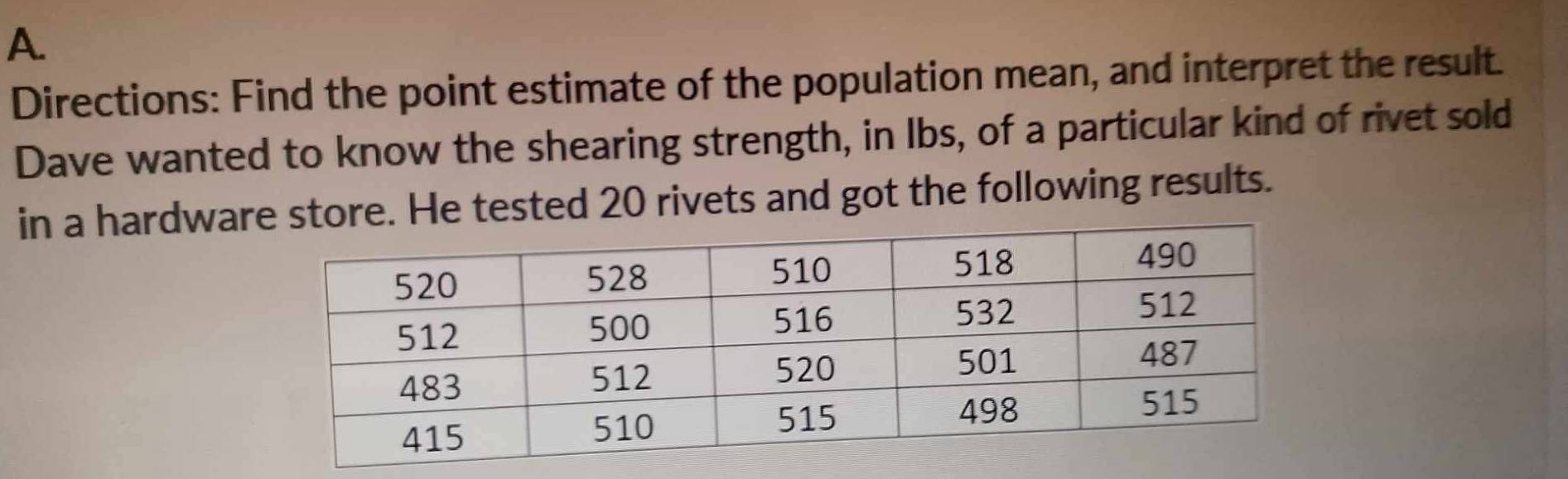 Directions: Find the point estimate of the population mean, and interpret the result. 
Dave wanted to know the shearing strength, in Ibs, of a particular kind of rivet sold 
in a hardware store. He tested 20 rivets and got the following results.