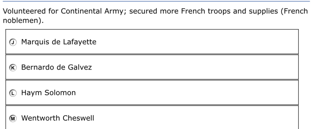 Volunteered for Continental Army; secured more French troops and supplies (French
noblemen).
Marquis de Lafayette
κ Bernardo de Galvez
Haym Solomon
Wentworth Cheswell