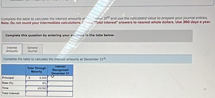 Complete the table to calculate the interest amounts af Dember 31^(st) and use the calculated value to prepare your journal entries. 
Note: Do not round your intermediate calculations, Round "Total interest" answers to nearest whole dollars. Use 360 days a year. 
Complete this question by entering your answers in the tabs below. 
Interest General 
Amounts Journal 
Compiete the table to calculate the interest amounts at December 31^(st).