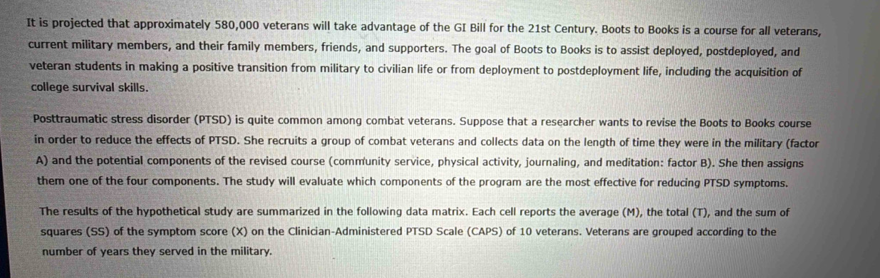 It is projected that approximately 580,000 veterans will take advantage of the GI Bill for the 21st Century. Boots to Books is a course for all veterans, 
current military members, and their family members, friends, and supporters. The goal of Boots to Books is to assist deployed, postdeployed, and 
veteran students in making a positive transition from military to civilian life or from deployment to postdeployment life, including the acquisition of 
college survival skills. 
Posttraumatic stress disorder (PTSD) is quite common among combat veterans. Suppose that a researcher wants to revise the Boots to Books course 
in order to reduce the effects of PTSD. She recruits a group of combat veterans and collects data on the length of time they were in the military (factor 
A) and the potential components of the revised course (community service, physical activity, journaling, and meditation: factor B). She then assigns 
them one of the four components. The study will evaluate which components of the program are the most effective for reducing PTSD symptoms. 
The results of the hypothetical study are summarized in the following data matrix. Each cell reports the average (M), the total (T), and the sum of 
squares (SS) of the symptom score (X) on the Clinician-Administered PTSD Scale (CAPS) of 10 veterans. Veterans are grouped according to the 
number of years they served in the military.