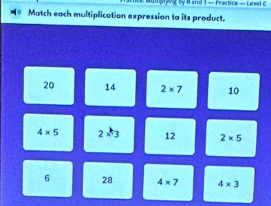 Muitiplying by 8 and 1 — Practice — Level C
Match each multiplication expression to its product.
20 14 2* 7 10
4* 5 2x3 12 2* 5
6 28 4* 7 4* 3