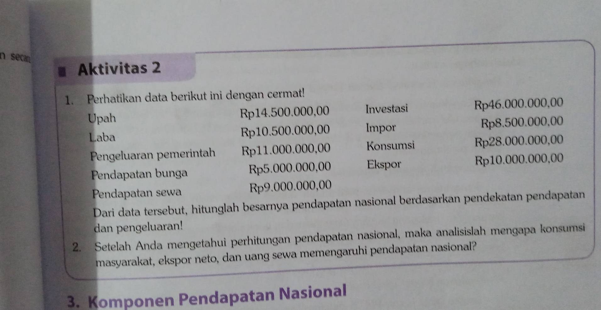 seca 
Aktivitas 2 
1. Perhatikan data berikut ini dengan cermat! 
Upah Rp14.500.000,00 Investasi Rp46.000.000,00
Impor 
Laba Rp10.500.000,00 Rp8.500.000,00
Pengeluaran pemerintah Rp11.000.000,00 Konsumsi Rp28.000.000,00
Ekspor 
Pendapatan bunga Rp5.000.000,00 Rp10.000.000,00
Pendapatan sewa Rp9.000.000,00
Dari data tersebut, hitunglah besarnya pendapatan nasional berdasarkan pendekatan pendapatan 
dan pengeluaran! 
2. Setelah Anda mengetahui perhitungan pendapatan nasional, maka analisislah mengapa konsumsi 
masyarakat, ekspor neto, dan uang sewa memengaruhi pendapatan nasional? 
3. Komponen Pendapatan Nasional