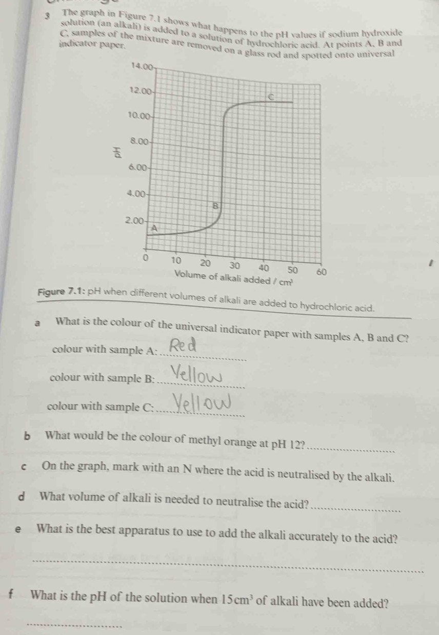 The graph in Figure 7.1 shows what happens to the pH values if sodium hydroxide
solution (an alkali) is added to a solution of hydrochloric acid. At points A. B and
C, samples of the mixture are removed on a glass rod anto universal
indicator paper.
Figure 7.1: pH when different volumes of alkali are added to hydrochloric acid.
a What is the colour of the universal indicator paper with samples A, B and C?
colour with sample A:_
colour with sample B:
_
colour with sample C:_
b What would be the colour of methyl orange at pH 12?_
c On the graph, mark with an N where the acid is neutralised by the alkali.
d What volume of alkali is needed to neutralise the acid?_
e What is the best apparatus to use to add the alkali accurately to the acid?
_
f What is the pH of the solution when 15cm^3 of alkali have been added?
_