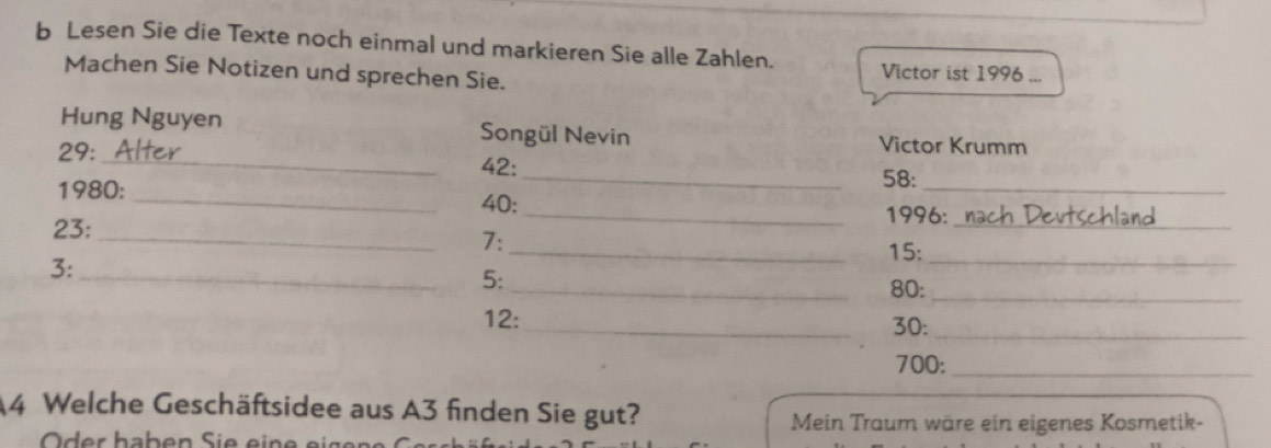 Lesen Sie die Texte noch einmal und markieren Sie alle Zahlen. Victor ist 1996 ... 
Machen Sie Notizen und sprechen Sie. 
Hung Nguyen Songül Nevin Victor Krumm
29 :_ 42:
1980 : _ 58 :_ 
_40:_ 1996:
23 : __ 15 :__ 
7: 
3:_ 
5: 
_
80 :_ 
12: _ 30 :_
700 :_ 
A4 Welche Geschäftsidee aus A3 finden Sie gut? 
Mein Traum wäre ein eigenes Kosmetik-