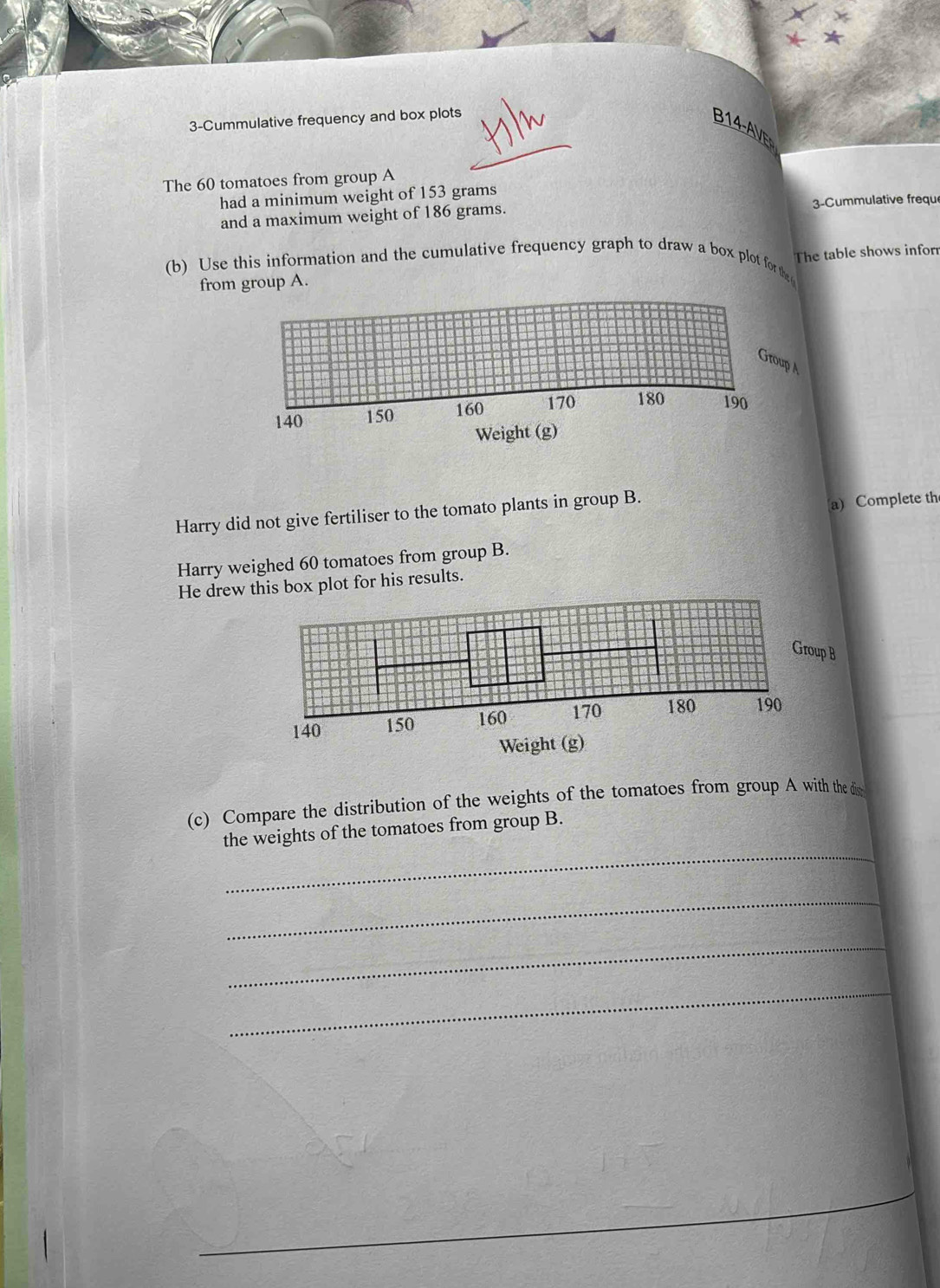 3-Cummulative frequency and box plots 
B14-AVE 
The 60 tomatoes from group A 
had a minimum weight of 153 grams
and a maximum weight of 186 grams. 3-Cummulative frequ 
(b) Use this information and the cumulative frequency graph to draw a box plot for the 
from group A. The table shows infor 
p A 
Harry did not give fertiliser to the tomato plants in group B. 
a) Complete th 
Harry weighed 60 tomatoes from group B. 
He drew is box plot for his results. 
Group B 
Weight (g) 
(c) Compare the distribution of the weights of the tomatoes from group A with the dis 
_ 
the weights of the tomatoes from group B. 
_ 
_ 
_