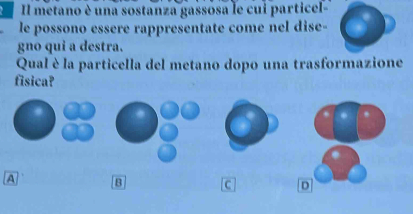 Il metano è una sostanza gassosa le cui particel-
le possono essère rappresentate come nel dise-
gno qui a destra.
Qual è la particella del metano dopo una trasformazione
fisica?
A
8
c
D