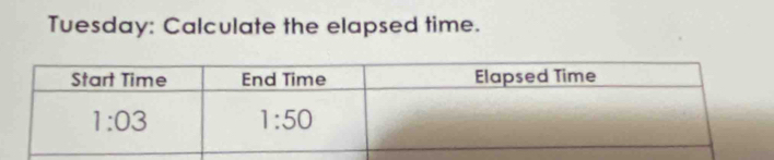 Tuesday: Calculate the elapsed time.