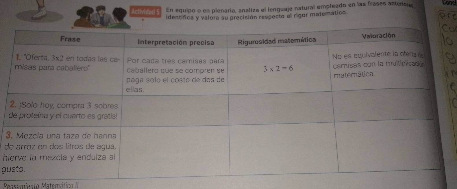 Conc
Actividad 5 En equipo o en plenaria, analiza el lenguaje natural empleado en las frases anteriores,
identifica y valora su precisión respecto al rigor matemático.
3
d
h
gu
Pensamiento Matemático II