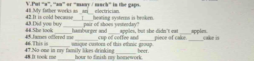 Put “a”, “an” or “many / much” in the gaps. 
41.My father works as _an_ electrician. 
42.It is cold because_ I heating systems is broken. 
43.Did you buy _pair of shoes yesterday? 
44.She took _hamburger and _apples, but she didn't eat _apples. 
45 James offered me _cup of coffee and _piece of cake. _cake is 
46.This is_ unique custom of this ethnic group. 
47.No one in my family likes drinking _beer 
48.It took me _hour to finish my homework.