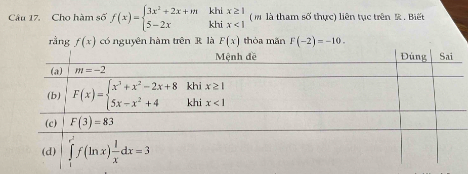 khi
Câu 17. Cho hàm số f(x)=beginarrayl 3x^2+2x+m 5-2xendarray. khi beginarrayr x≥ 1 x<1endarray ( m là tham số thực) liên tục trên R . Biết
rằng f(x) có nguyên hàm trên R là F(x) thỏa mãn F(-2)=-10.