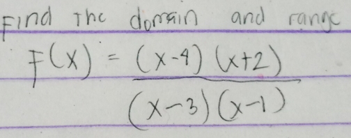 Find The donain and range
F(x)= ((x-4)(x+2))/(x-3)(x-1) 