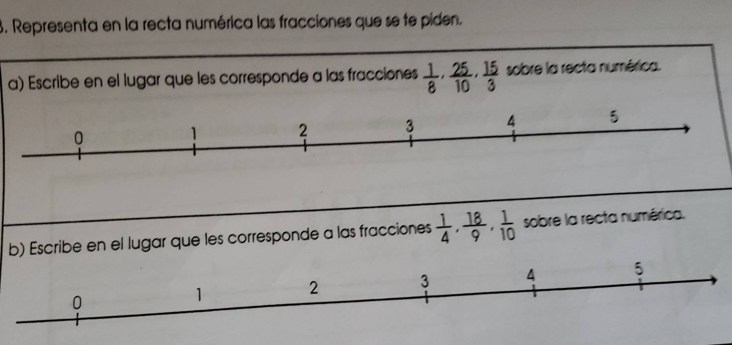 Representa en la recta numérica las fracciones que se te piden. 
a) Escribe en el lugar que les corresponde a las fracciones  1/8 ,  25/10 ,  15/3  sobre la recta numérica. 
b) Escribe en el lugar que les corresponde a las fracciones  1/4 ,  18/9 ,  1/10  sobre la recta numérica.