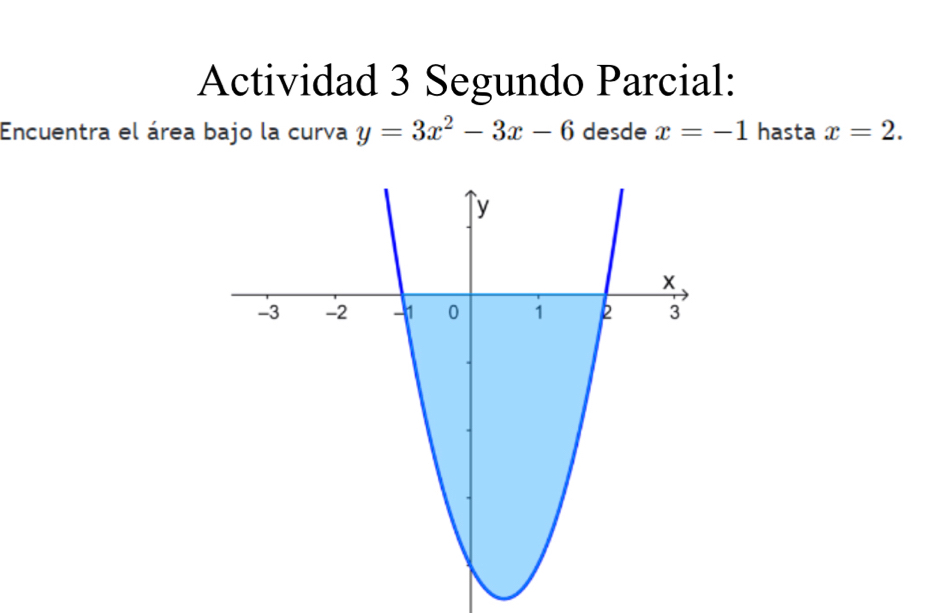 Actividad 3 Segundo Parcial: 
Encuentra el área bajo la curva y=3x^2-3x-6 desde x=-1 hasta x=2.