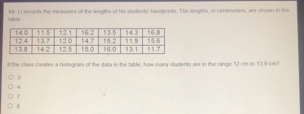 Mr. Li records the measures of the lengths of his students' handprints. The lengths, in centimeters, are shown in the
table.
If the class creates a histogram of the data in the table, how many students are in the range 12 cm to 13.9 cm?
3
4
7
8