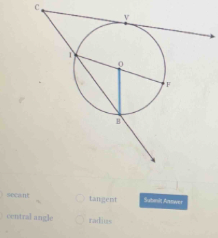 C
secant tangent Submit Answer
central angle radius