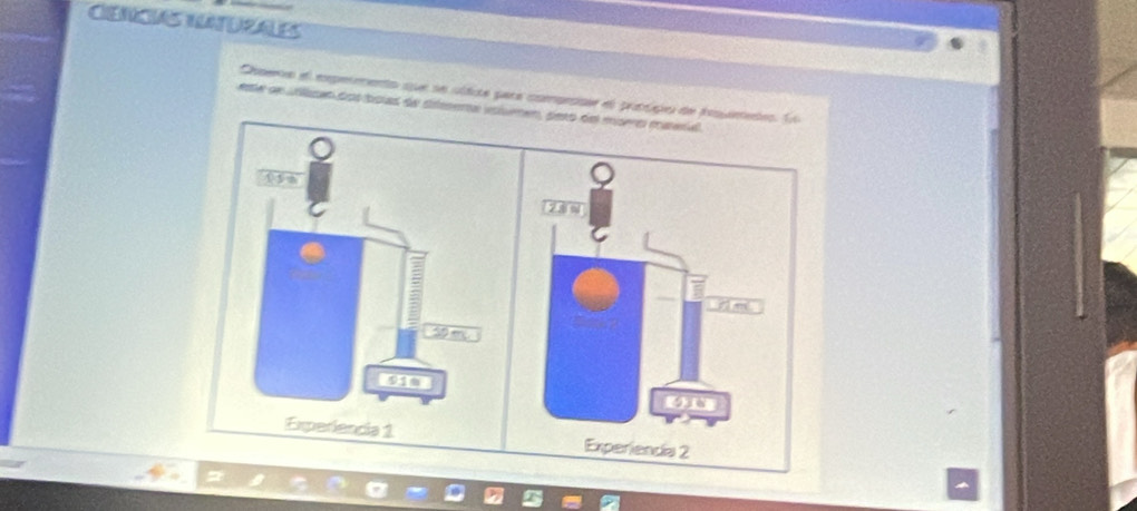 CENCIS ITURALES 
Choero el expemento que se últica para comprsse el prtcpo de ioumedrs 14 
ete de uicas dos boas de stsena vslumen, peo de morc mera