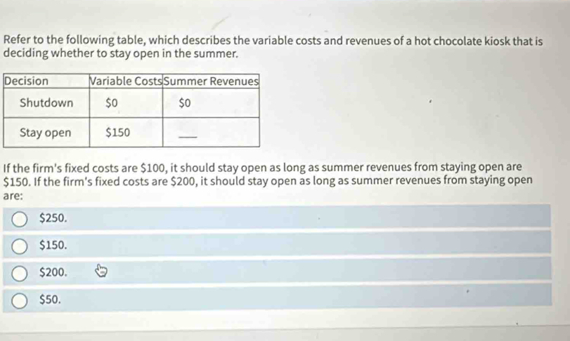 Refer to the following table, which describes the variable costs and revenues of a hot chocolate kiosk that is
deciding whether to stay open in the summer.
If the firm's fixed costs are $100, it should stay open as long as summer revenues from staying open are
$150. If the firm's fixed costs are $200, it should stay open as long as summer revenues from staying open
are:
$250.
$150.
$200.
$50.