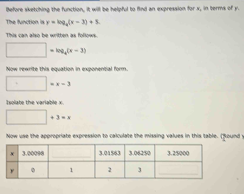 Before sketching the function, it will be helpful to find an expression for x, in terms of y. 
The function is y=log _4(x-3)+5. 
This can also be written as follows.
□ =log _4(x-3)
Now rewrite this equation in exponential form.
□ =x-3
Isolate the variable x.
□ +3=x
Now use the appropriate expression to calculate the missing values in this table. (Round y