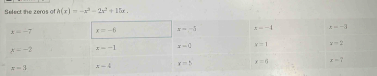 Select the zeros of h(x)=-x^3-2x^2+15x.