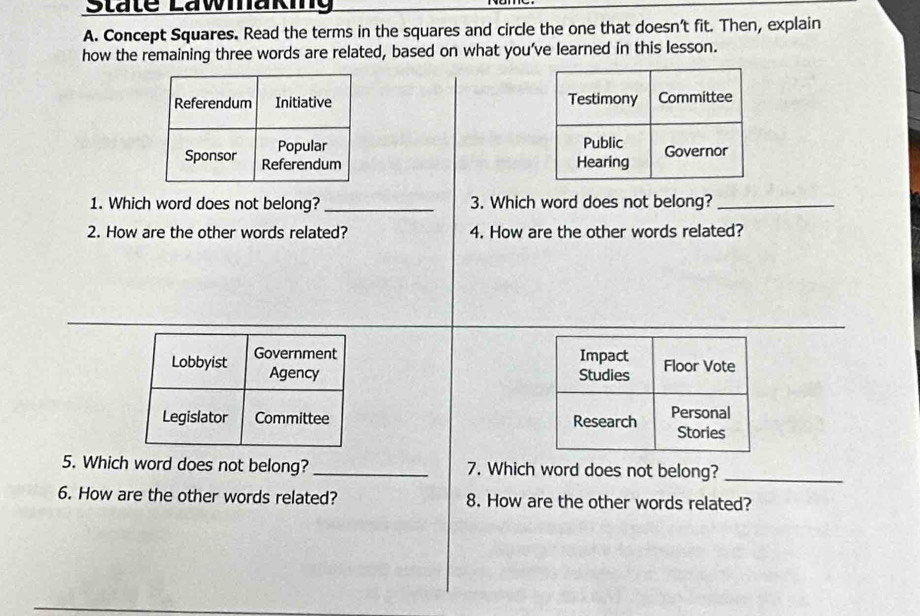 State Lawmakig 
A. Concept Squares. Read the terms in the squares and circle the one that doesn't fit. Then, explain 
how the remaining three words are related, based on what you’ve learned in this lesson. 



1. Which word does not belong? _3. Which word does not belong?_ 
2. How are the other words related? 4. How are the other words related? 



5. Which word does not belong? _7. Which word does not belong?_ 
6. How are the other words related? 8. How are the other words related?