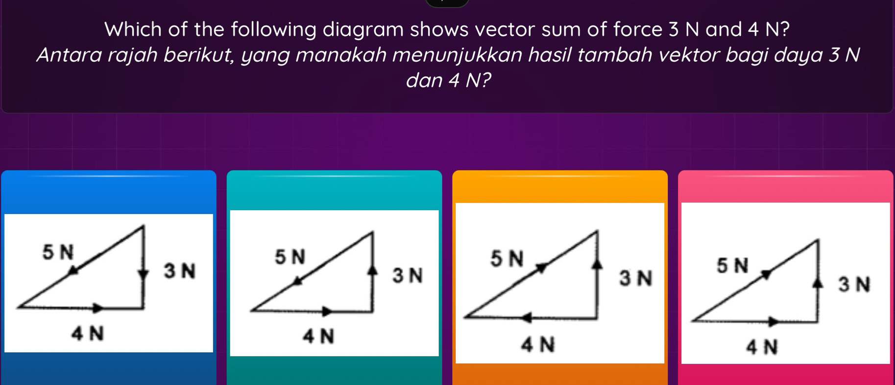 Which of the following diagram shows vector sum of force 3 N and 4 N? 
Antara rajah berikut, yang manakah menunjukkan hasil tambah vektor bagi daya 3 N
dan 4 N?