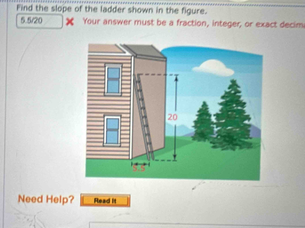 Find the slope of the ladder shown in the figure. 
5.5/20 Your answer must be a fraction, integer, or exact decim 
Need Help? Read it