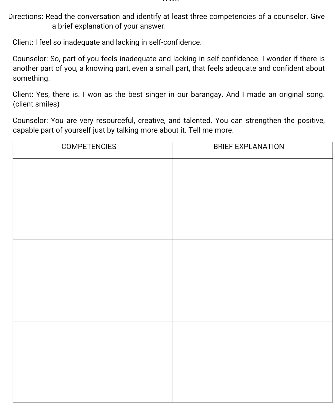 Directions: Read the conversation and identify at least three competencies of a counselor. Give 
a brief explanation of your answer. 
Client: I feel so inadequate and lacking in self-confidence. 
Counselor: So, part of you feels inadequate and lacking in self-confidence. I wonder if there is 
another part of you, a knowing part, even a small part, that feels adequate and confident about 
something. 
Client: Yes, there is. I won as the best singer in our barangay. And I made an original song. 
(client smiles) 
Counselor: You are very resourceful, creative, and talented. You can strengthen the positive, 
capable part of yourself just by talking more about it. Tell me more.