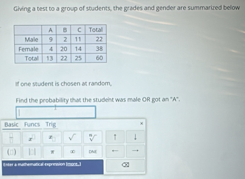 Giving a test to a group of students, the grades and gender are summarized below 
If one student is chosen at random, 
Find the probability that the student was male OR got an ''A''. 
Basic Funcs Trig × 
 □ /□   x^(□) x_□  sqrt() sqrt[n]() ↑ downarrow 
() beginvmatrix □ endvmatrix π ∞ DNE 
Enter a mathematical expression (more.]