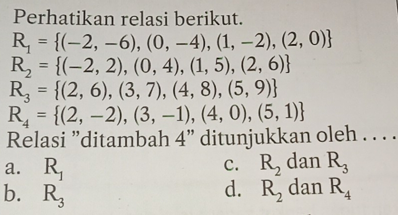 Perhatikan relasi berikut.
R_1= (-2,-6),(0,-4),(1,-2),(2,0)
R_2= (-2,2),(0,4),(1,5),(2,6)
R_3= (2,6),(3,7),(4,8),(5,9)
R_4= (2,-2),(3,-1),(4,0),(5,1)
Relasi ”ditambah 4 ” ditunjukkan oleh . . . .
a. R_1 R_2 dan R_3
c.
d.
b. R_3 R_2 dan R_4