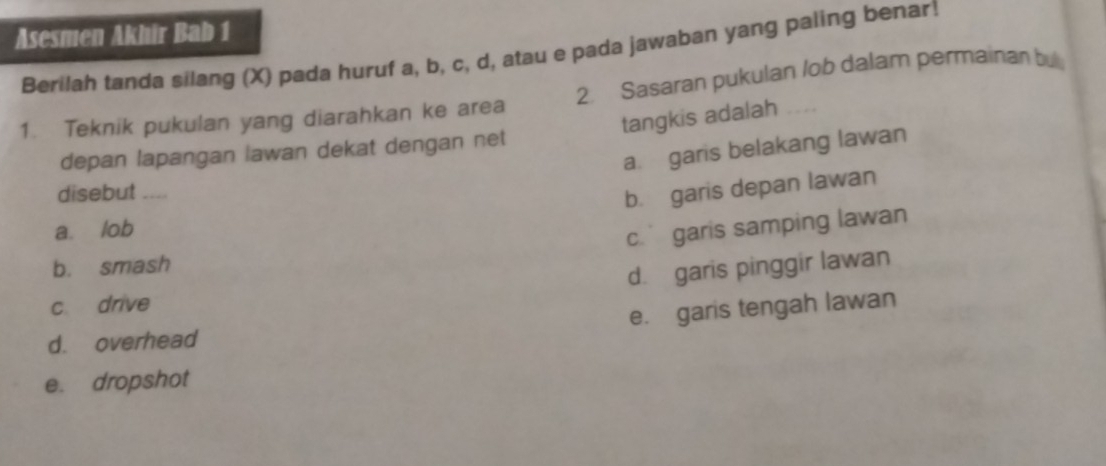 Asesmen Akhir Bab 1
Berilah tanda silang (X) pada huruf a, b, c, d, atau e pada jawaban yang paling benar!
1. Teknik pukulan yang diarahkan ke area 2. Sasaran pukulan lob dalam permainan bul
tangkis adalah .
a. garis belakang lawan
depan lapangan lawan dekat dengan net
disebut_
b. garis depan lawan
a. lob
c. garis samping lawan
b. smash
d. garis pinggir lawan
c drive
e. garis tengah lawan
d. overhead
e. dropshot